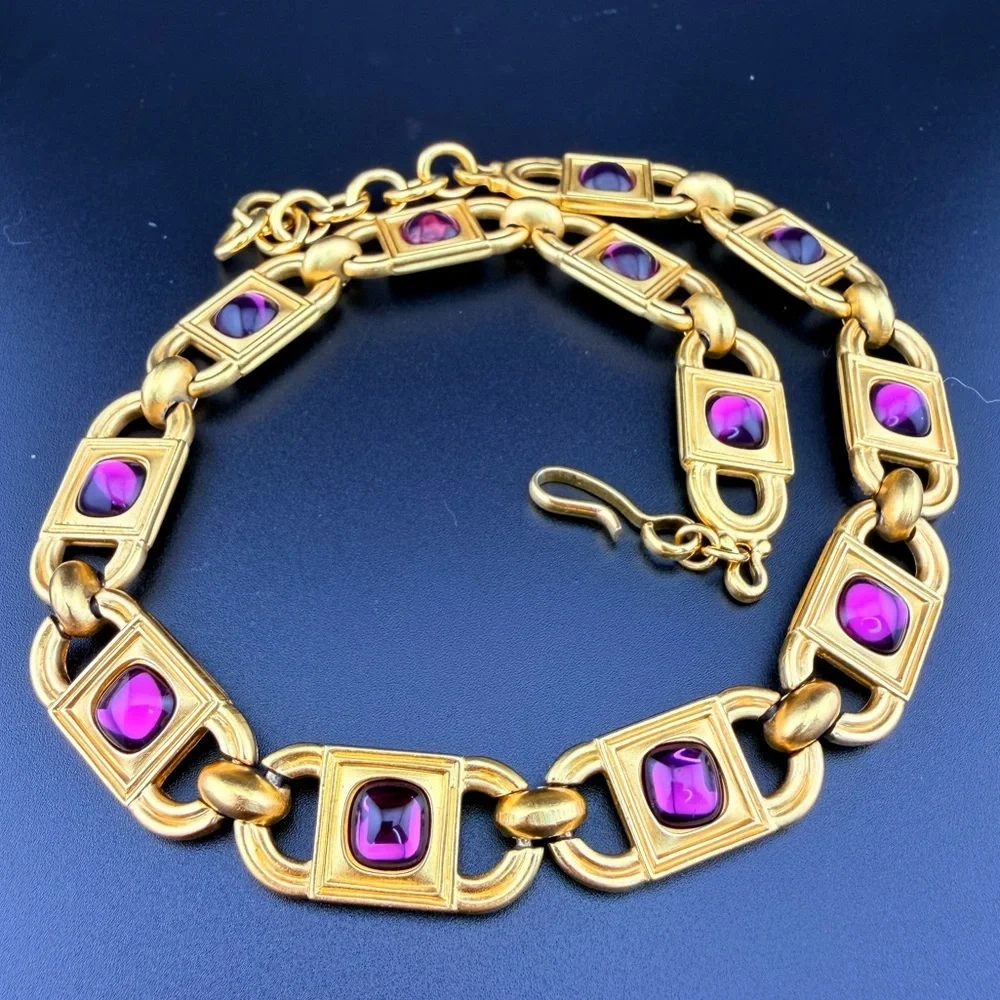 Monet for YSL 1980s Amethyst Glass Cabochon Link Necklace and earrings 68g - Picture 12 of 14